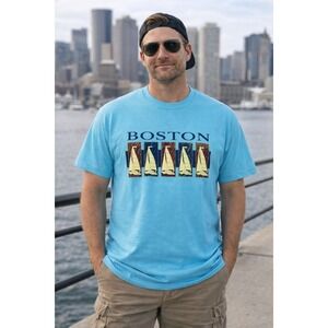 Vtg 90s Single Stitch Sail‎ Boston Graphic T-shirt Made In USA Sz L Fruit Loom